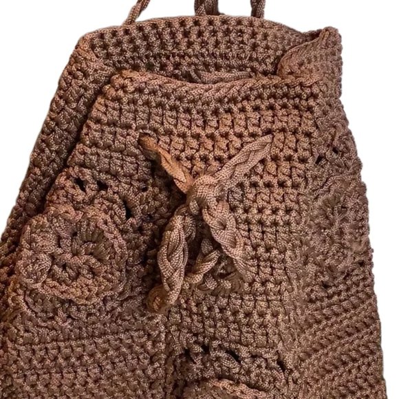 Hand Crocheted Chocolate Brown Backpack Flowers and Braided Straps - Picture 5 of 5